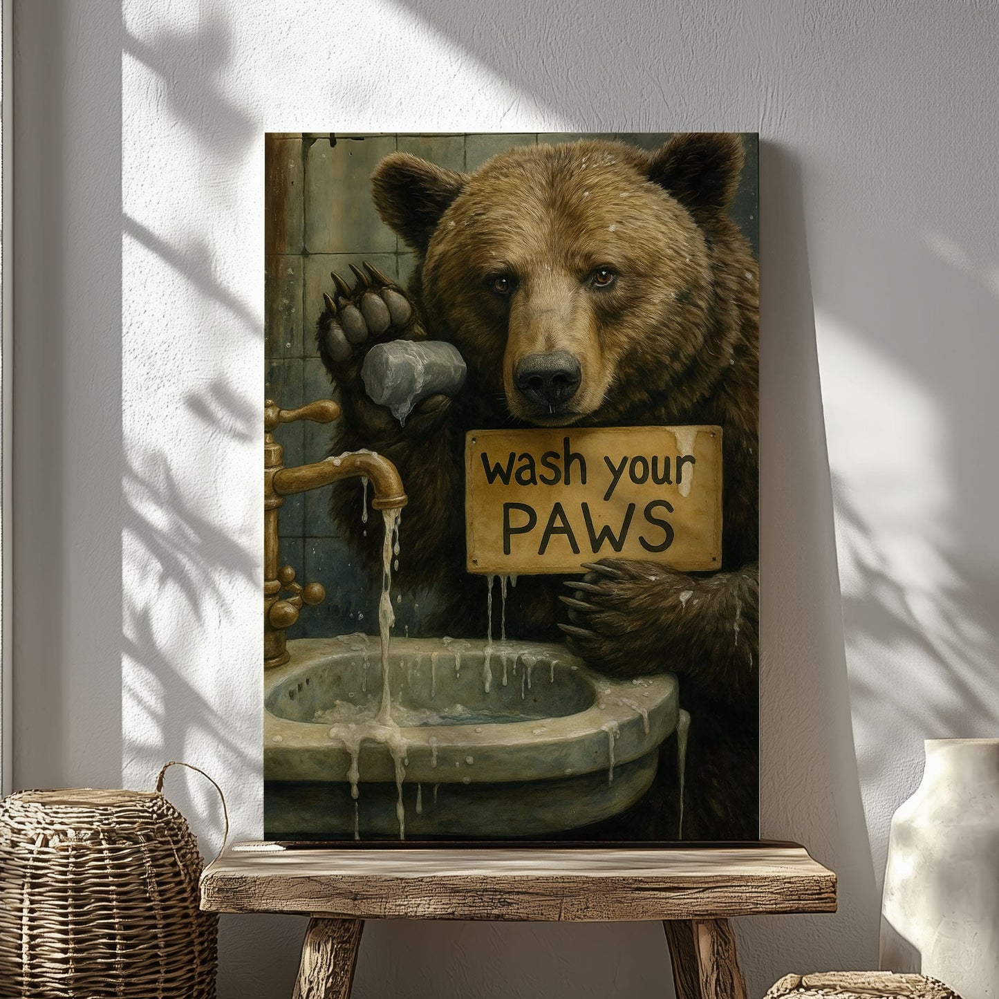 Rustic Bear Bathroom Canvas – Wash Your Paws Signs for Cabin