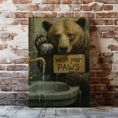 Rustic Bear Bathroom Canvas – Wash Your Paws Signs for Cabin