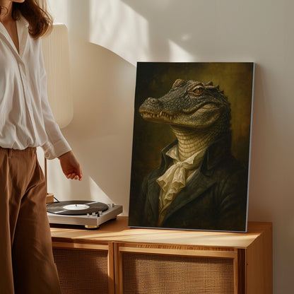 Gentleman Alligator Portrait Canvas – Rustic Wall Art for Hunters & Cabins