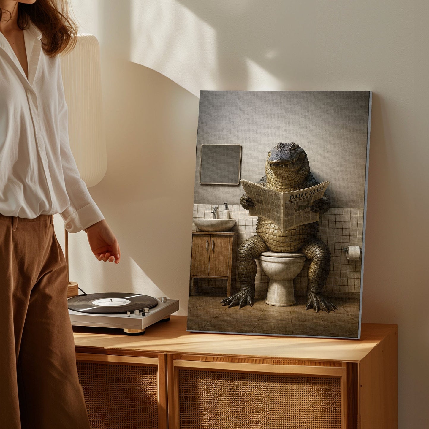 Funny Alligator Bathroom Canvas – Rustic Cabin Wall Art for Hunters