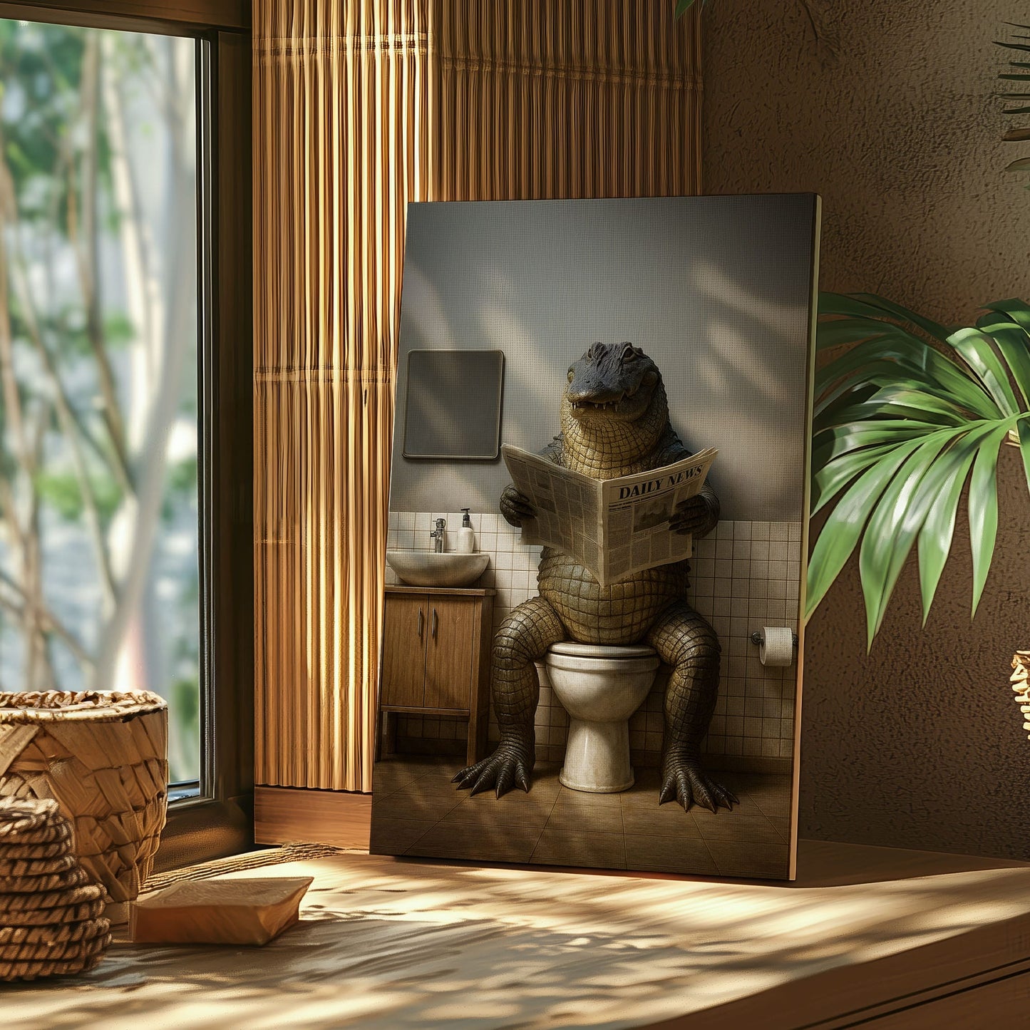 Funny Alligator Bathroom Canvas – Rustic Cabin Wall Art for Hunters