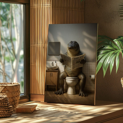 Funny Alligator Bathroom Canvas – Rustic Cabin Wall Art for Hunters