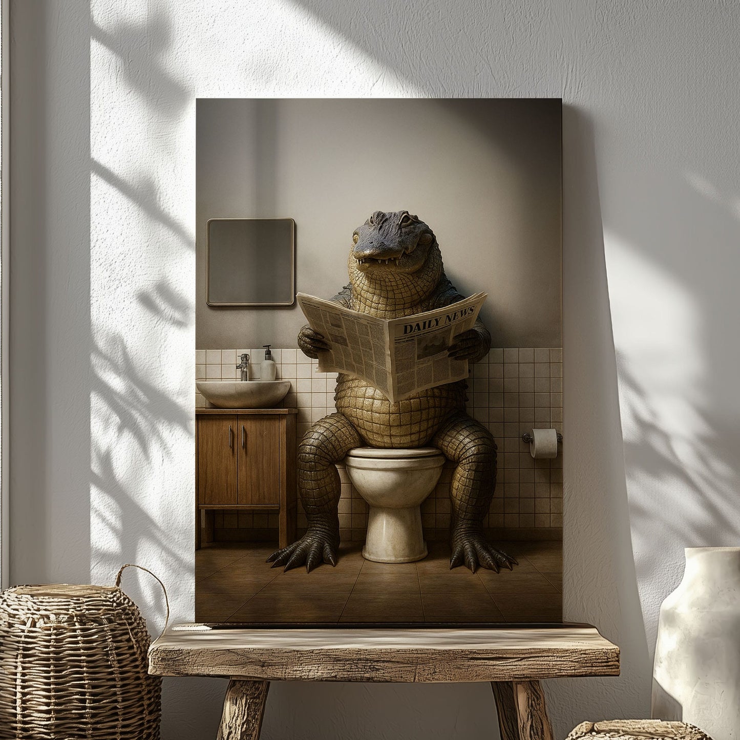 Funny Alligator Bathroom Canvas – Rustic Cabin Wall Art for Hunters
