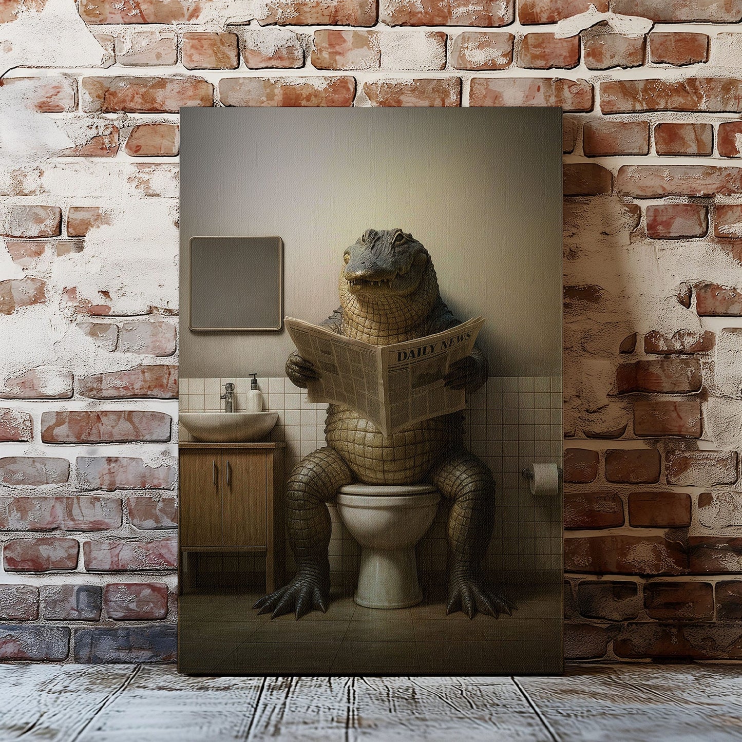 Funny Alligator Bathroom Canvas – Rustic Cabin Wall Art for Hunters