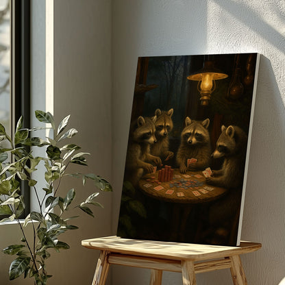 Raccoon Poker Night Canvas – Rustic Cabin Wall Art for Hunters