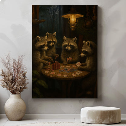 Raccoon Poker Night Canvas – Rustic Cabin Wall Art for Hunters