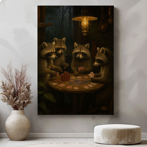 Raccoon Poker Night Canvas – Rustic Cabin Wall Art for Hunters