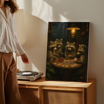 Raccoon Poker Night Canvas – Rustic Cabin Wall Art for Hunters