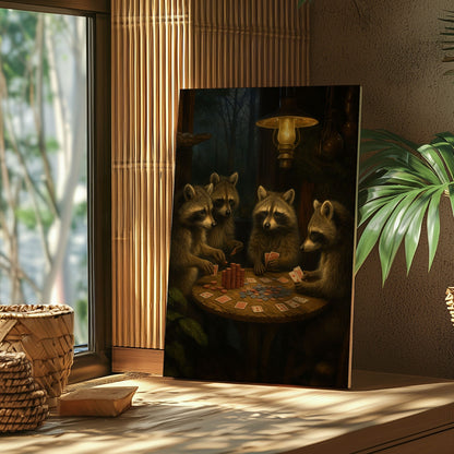 Raccoon Poker Night Canvas – Rustic Cabin Wall Art for Hunters