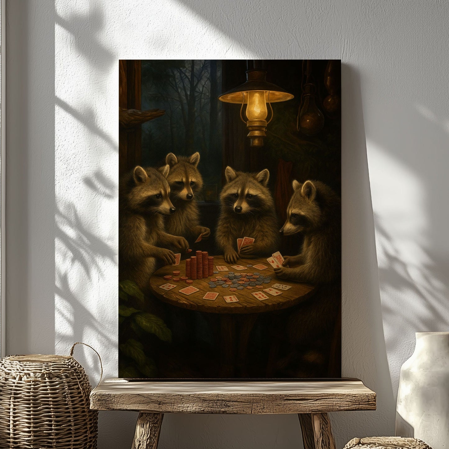 Raccoon Poker Night Canvas – Rustic Cabin Wall Art for Hunters