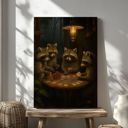 Raccoon Poker Night Canvas – Rustic Cabin Wall Art for Hunters