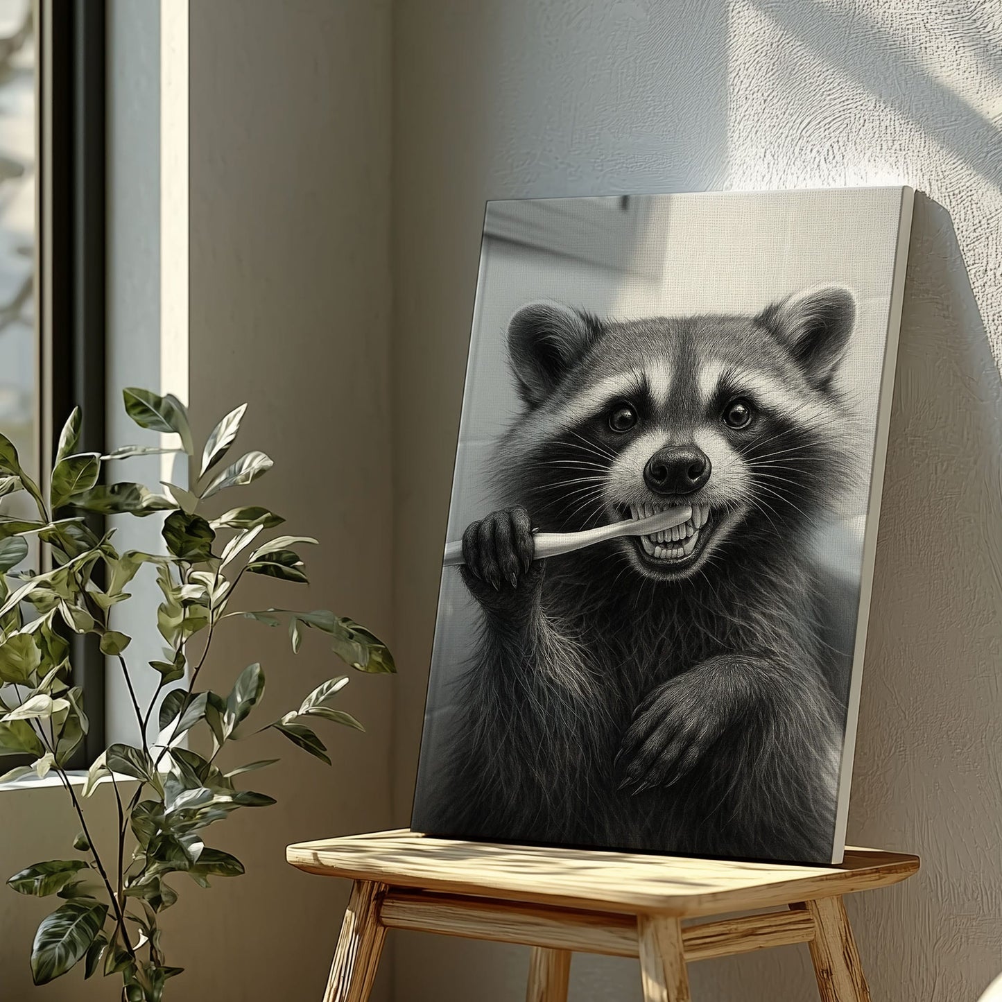 Funny Brushing Raccoon Bathroom Canvas – Rustic Cabin Wall Art for Hunters