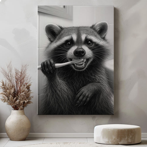 Funny Brushing Raccoon Bathroom Canvas – Rustic Cabin Wall Art for Hunters