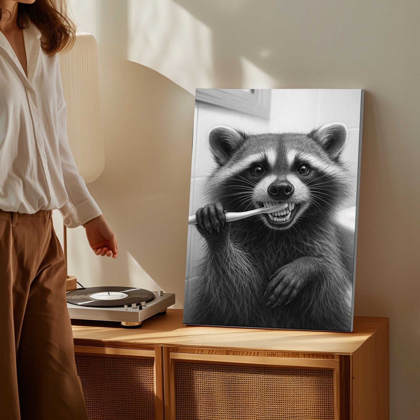 Funny Brushing Raccoon Bathroom Canvas – Rustic Cabin Wall Art for Hunters