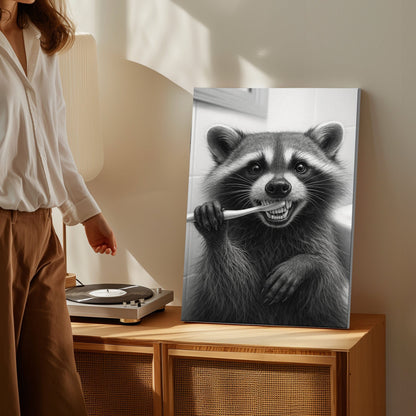 Funny Brushing Raccoon Bathroom Canvas – Rustic Cabin Wall Art for Hunters