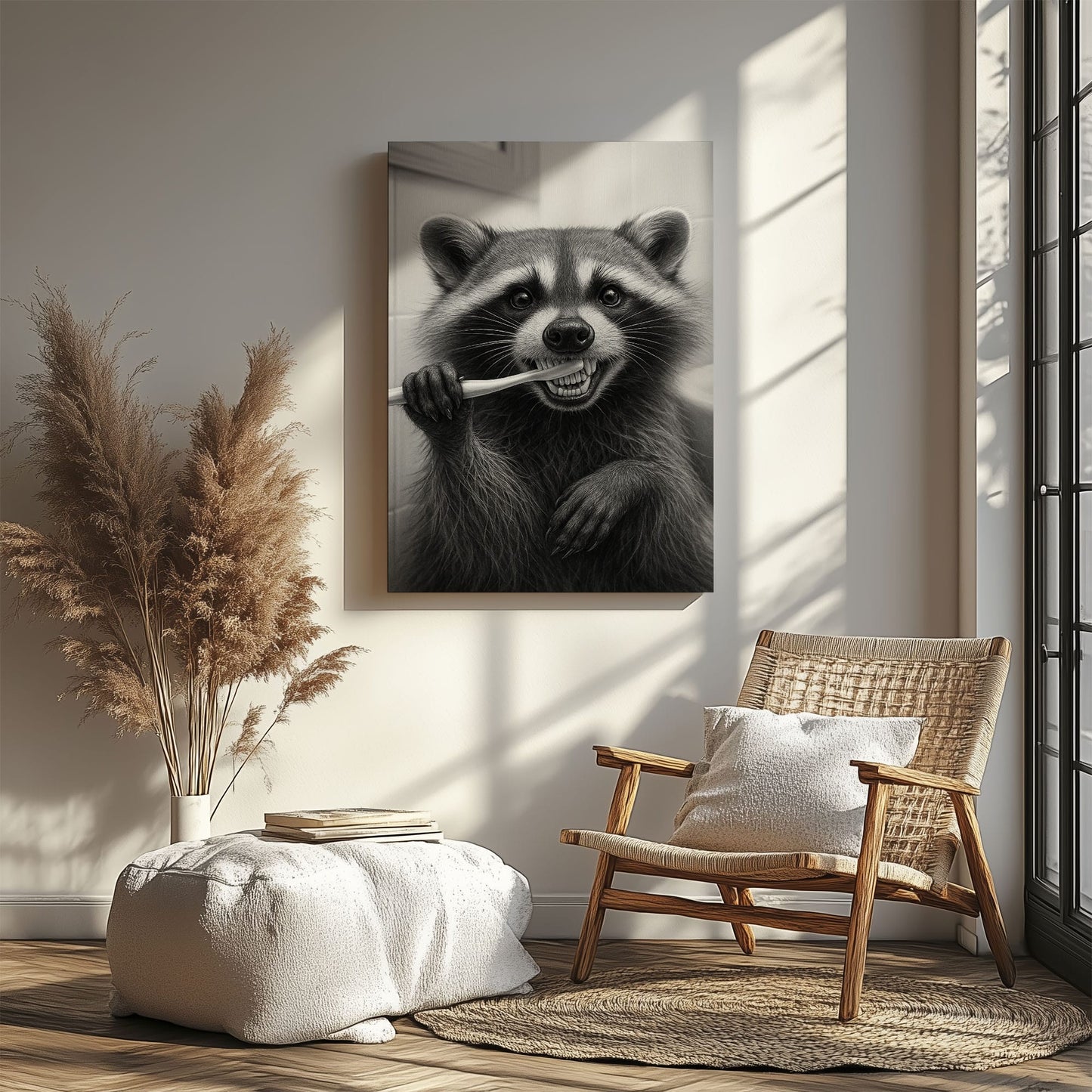 Funny Brushing Raccoon Bathroom Canvas – Rustic Cabin Wall Art for Hunters