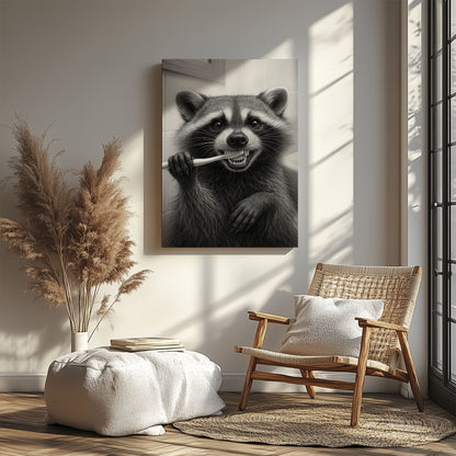 Funny Brushing Raccoon Bathroom Canvas – Rustic Cabin Wall Art for Hunters