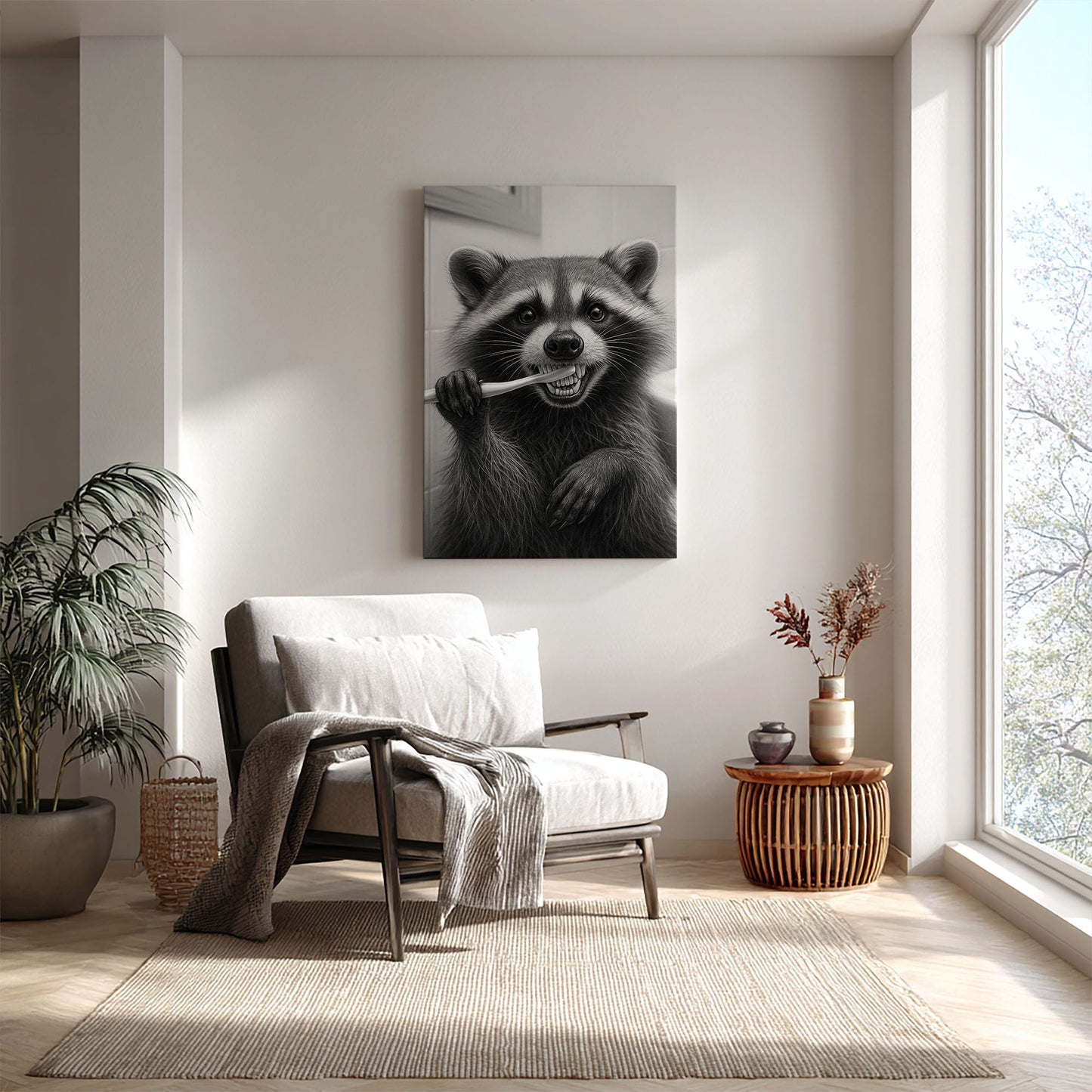 Funny Brushing Raccoon Bathroom Canvas – Rustic Cabin Wall Art for Hunters