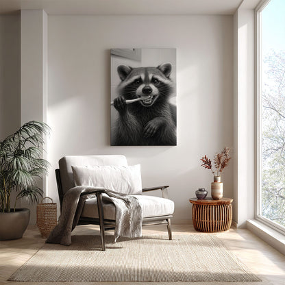 Funny Brushing Raccoon Bathroom Canvas – Rustic Cabin Wall Art for Hunters