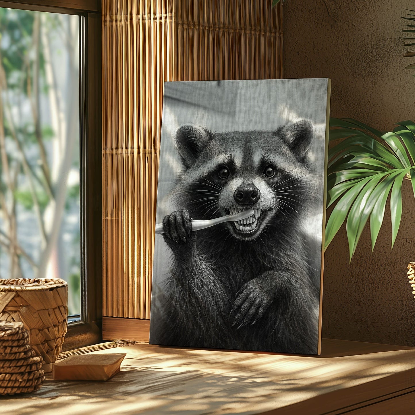 Funny Brushing Raccoon Bathroom Canvas – Rustic Cabin Wall Art for Hunters