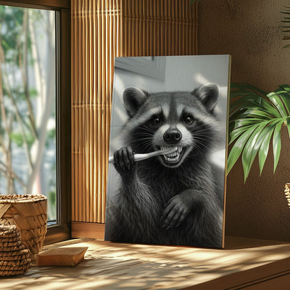 Funny Brushing Raccoon Bathroom Canvas – Rustic Cabin Wall Art for Hunters