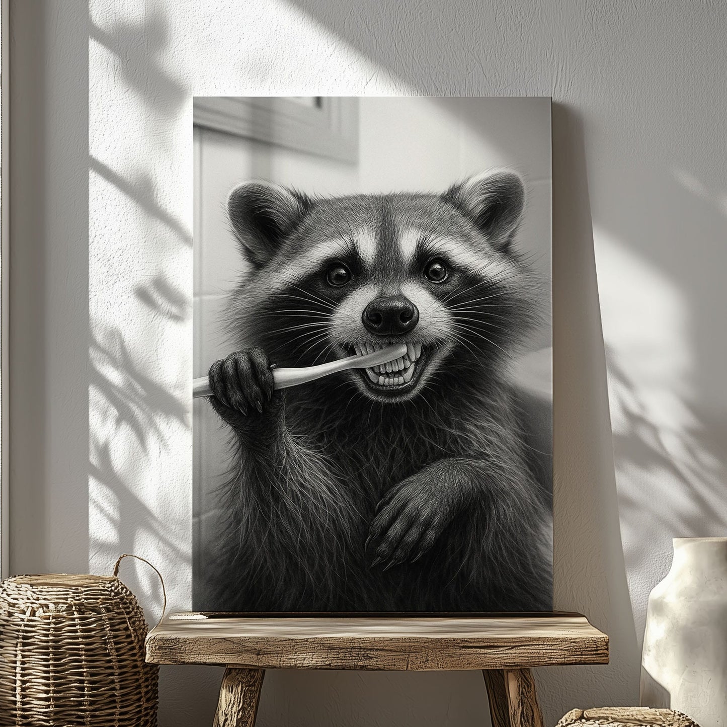 Funny Brushing Raccoon Bathroom Canvas – Rustic Cabin Wall Art for Hunters