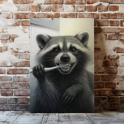 Funny Brushing Raccoon Bathroom Canvas – Rustic Cabin Wall Art for Hunters