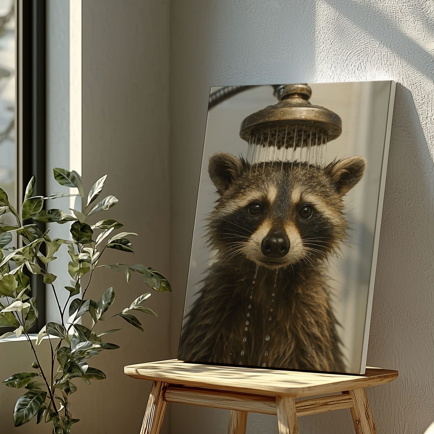 Funny Raccoon Shower Canvas – Rustic Bathroom Wall Art for Hunters & Cabin Decor