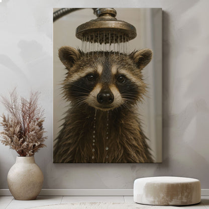 Funny Raccoon Shower Canvas – Rustic Bathroom Wall Art for Hunters & Cabin Decor