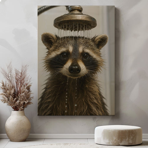 Funny Raccoon Shower Canvas – Rustic Bathroom Wall Art for Hunters & Cabin Decor