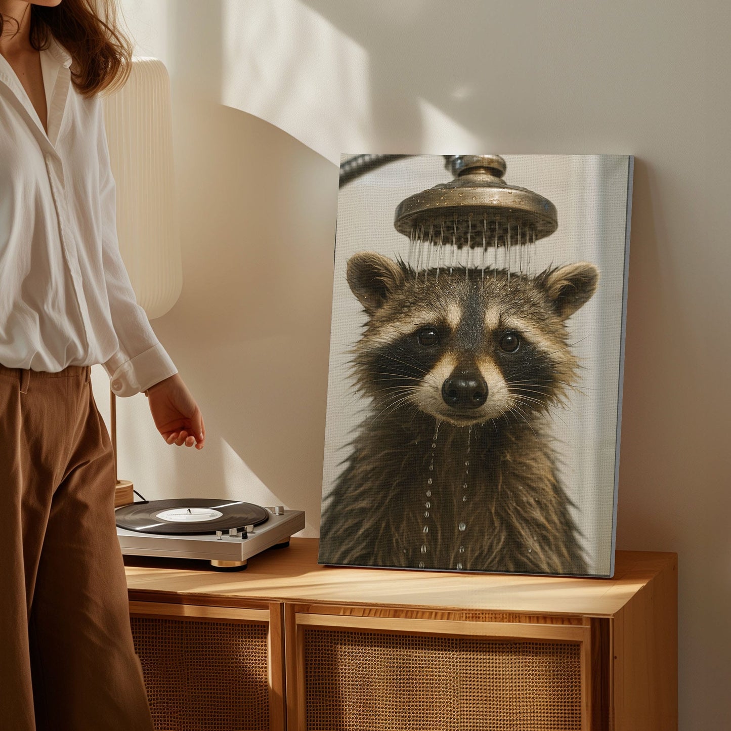 Funny Raccoon Shower Canvas – Rustic Bathroom Wall Art for Hunters & Cabin Decor