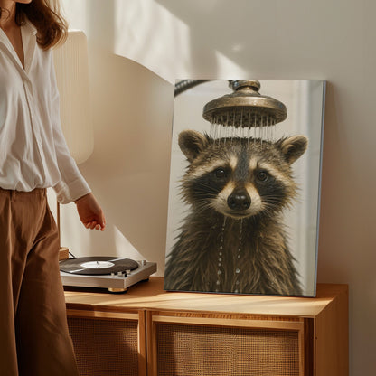 Funny Raccoon Shower Canvas – Rustic Bathroom Wall Art for Hunters & Cabin Decor