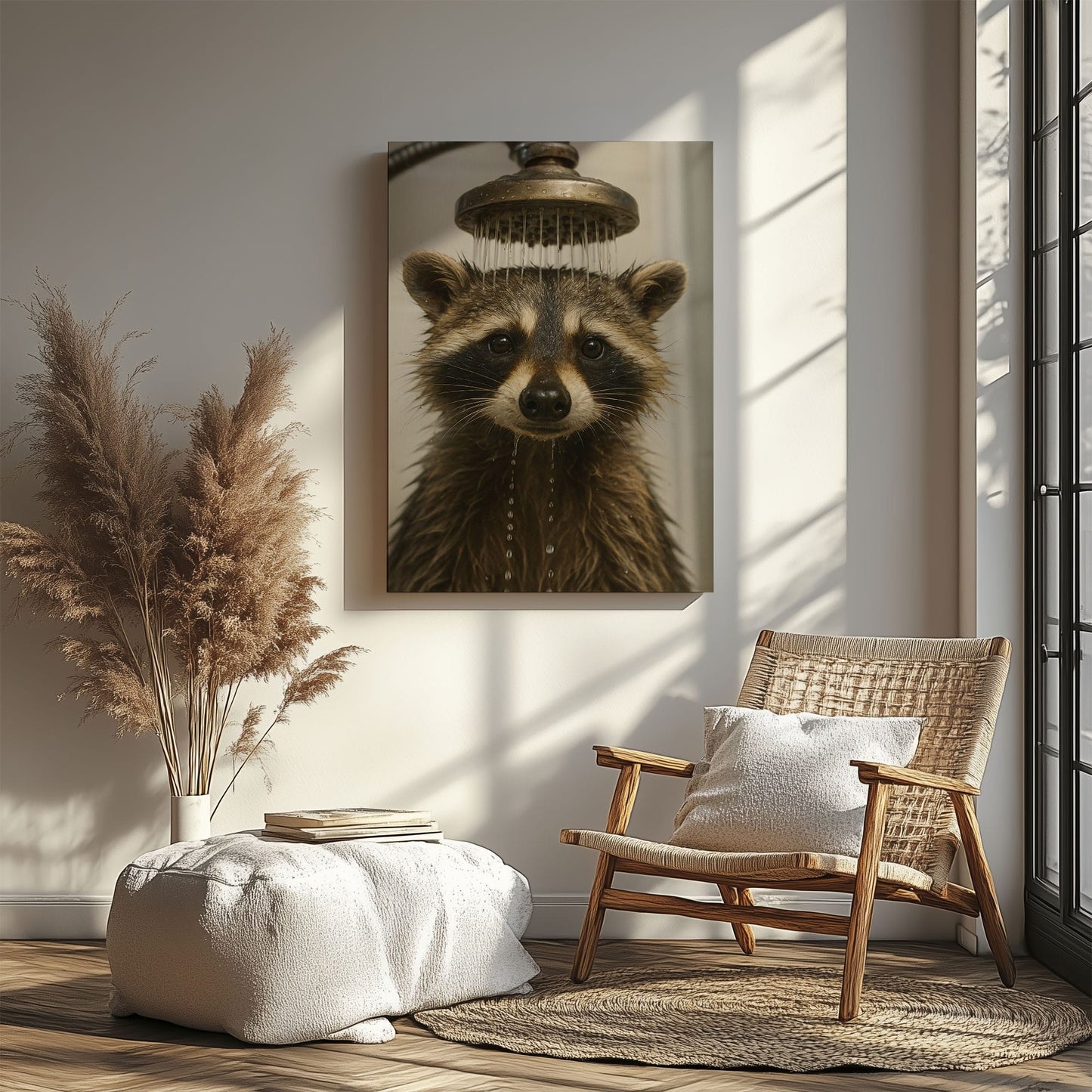 Funny Raccoon Shower Canvas – Rustic Bathroom Wall Art for Hunters & Cabin Decor