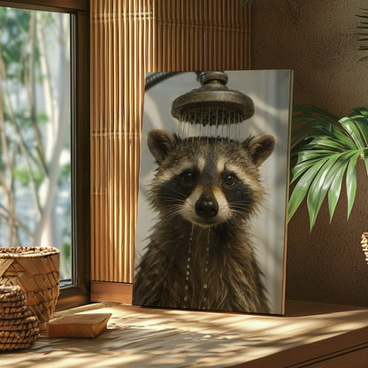 Funny Raccoon Shower Canvas – Rustic Bathroom Wall Art for Hunters & Cabin Decor