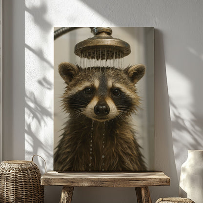 Funny Raccoon Shower Canvas – Rustic Bathroom Wall Art for Hunters & Cabin Decor