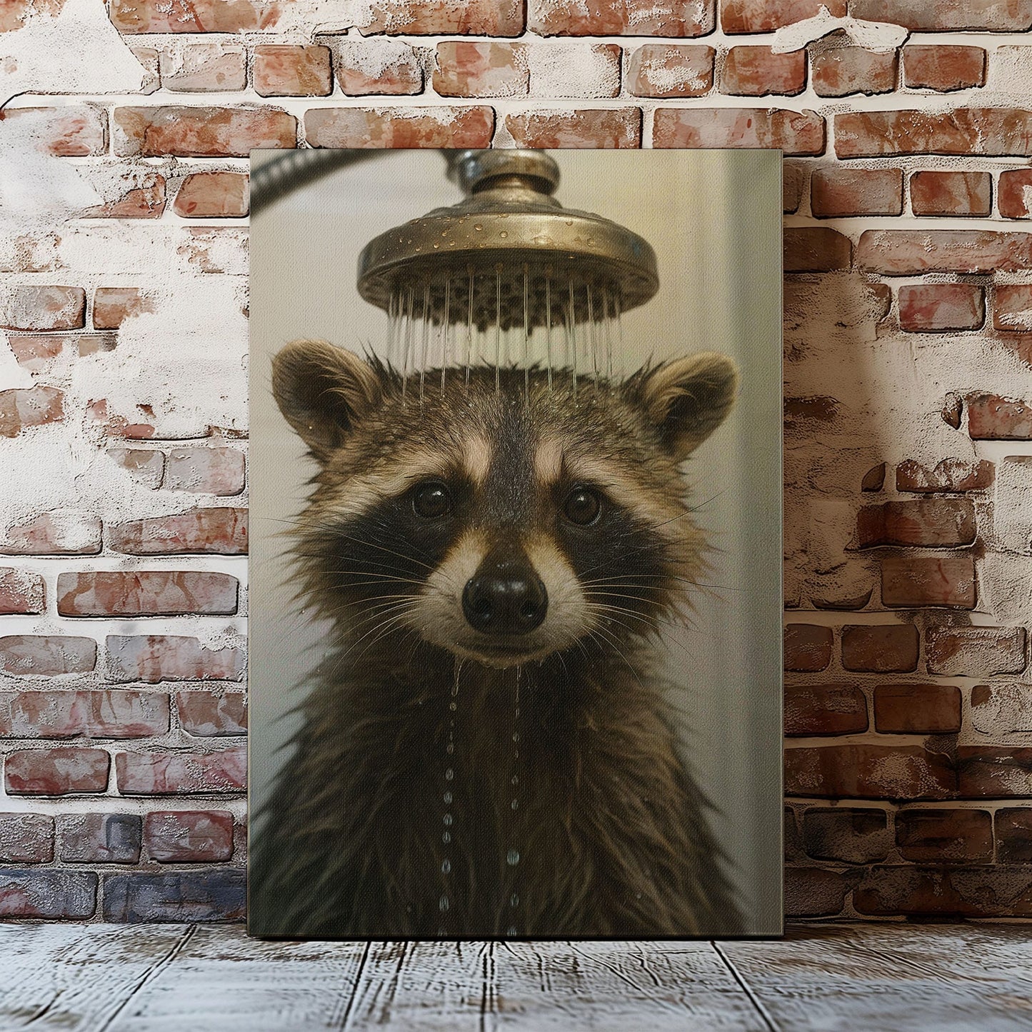 Funny Raccoon Shower Canvas – Rustic Bathroom Wall Art for Hunters & Cabin Decor