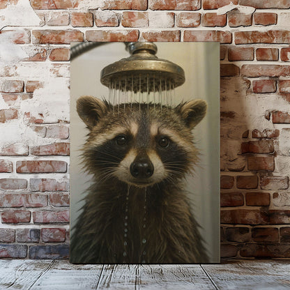 Funny Raccoon Shower Canvas – Rustic Bathroom Wall Art for Hunters & Cabin Decor