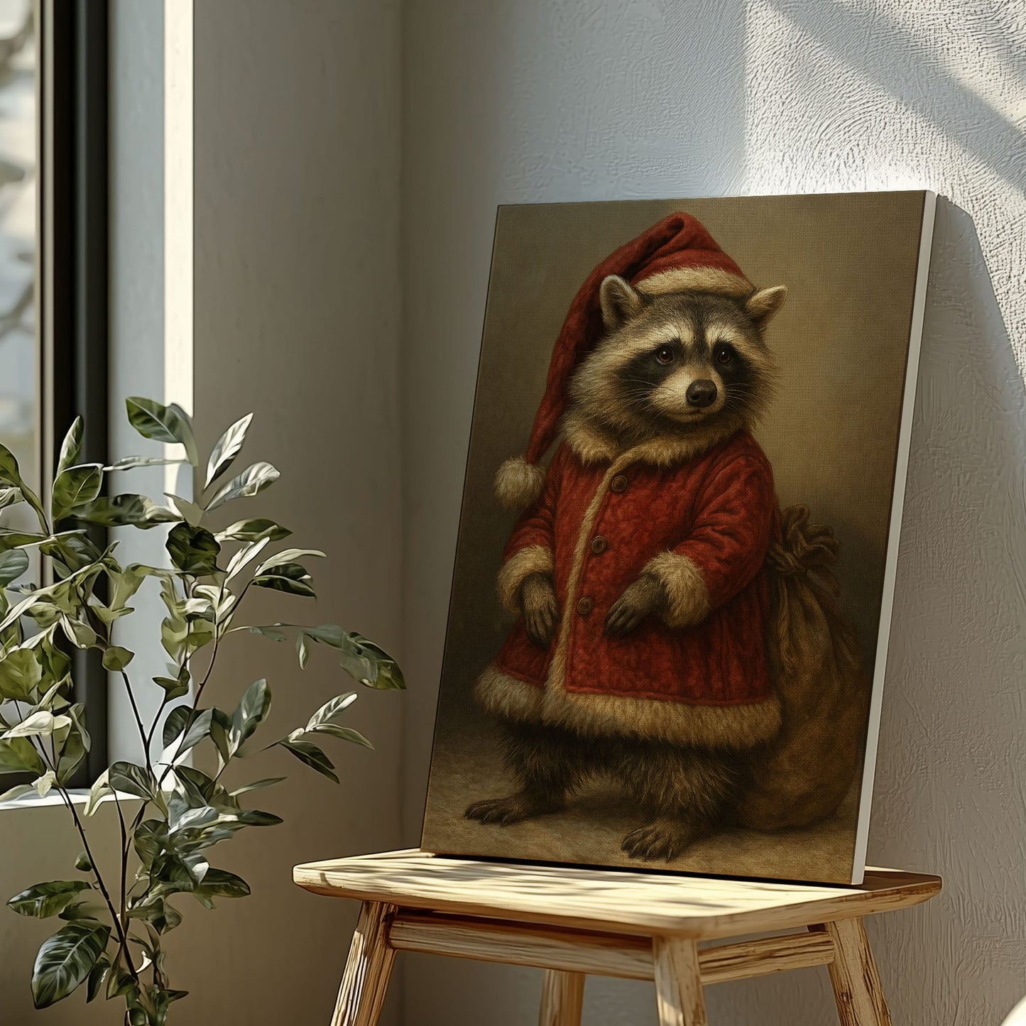 Raccoon Santa Canvas – Rustic Christmas Wall Art for Hunters & Cabin Decor