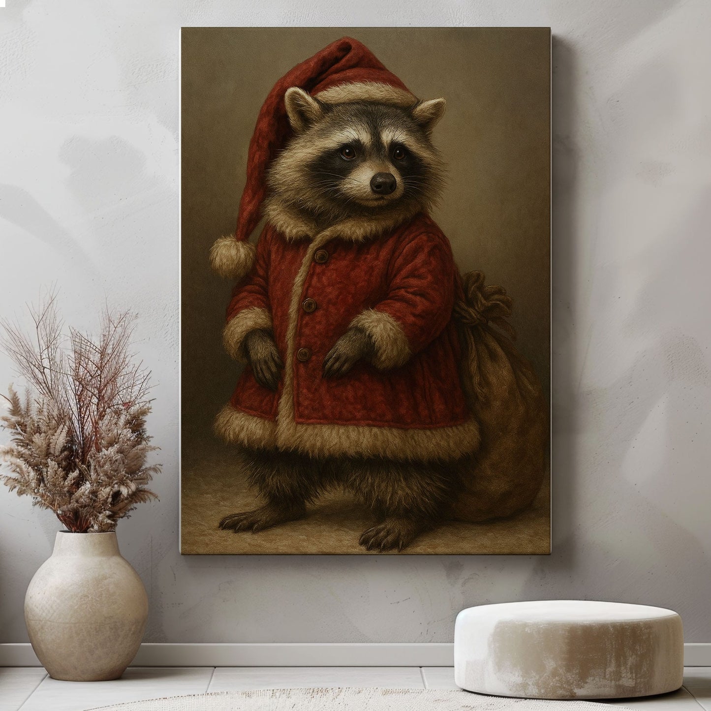 Raccoon Santa Canvas – Rustic Christmas Wall Art for Hunters & Cabin Decor