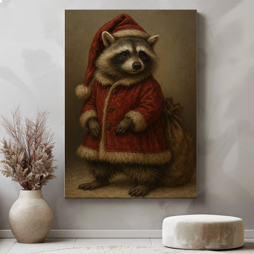 Raccoon Santa Canvas – Rustic Christmas Wall Art for Hunters & Cabin Decor