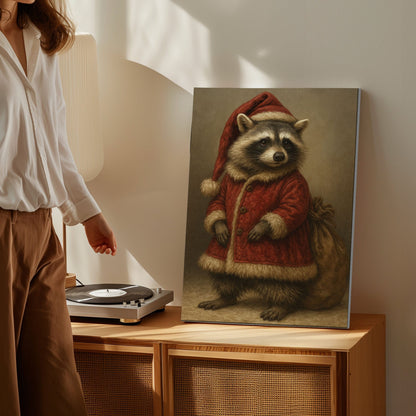 Raccoon Santa Canvas – Rustic Christmas Wall Art for Hunters & Cabin Decor