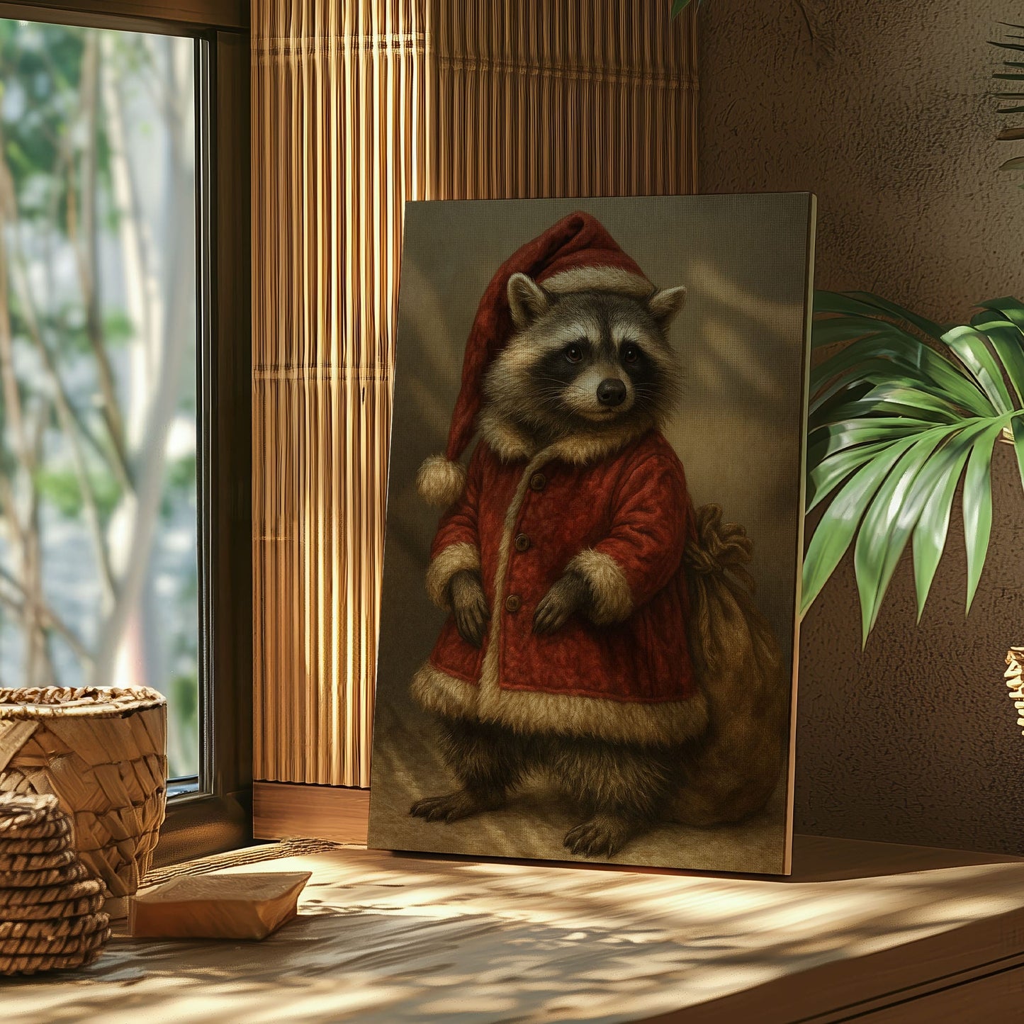Raccoon Santa Canvas – Rustic Christmas Wall Art for Hunters & Cabin Decor