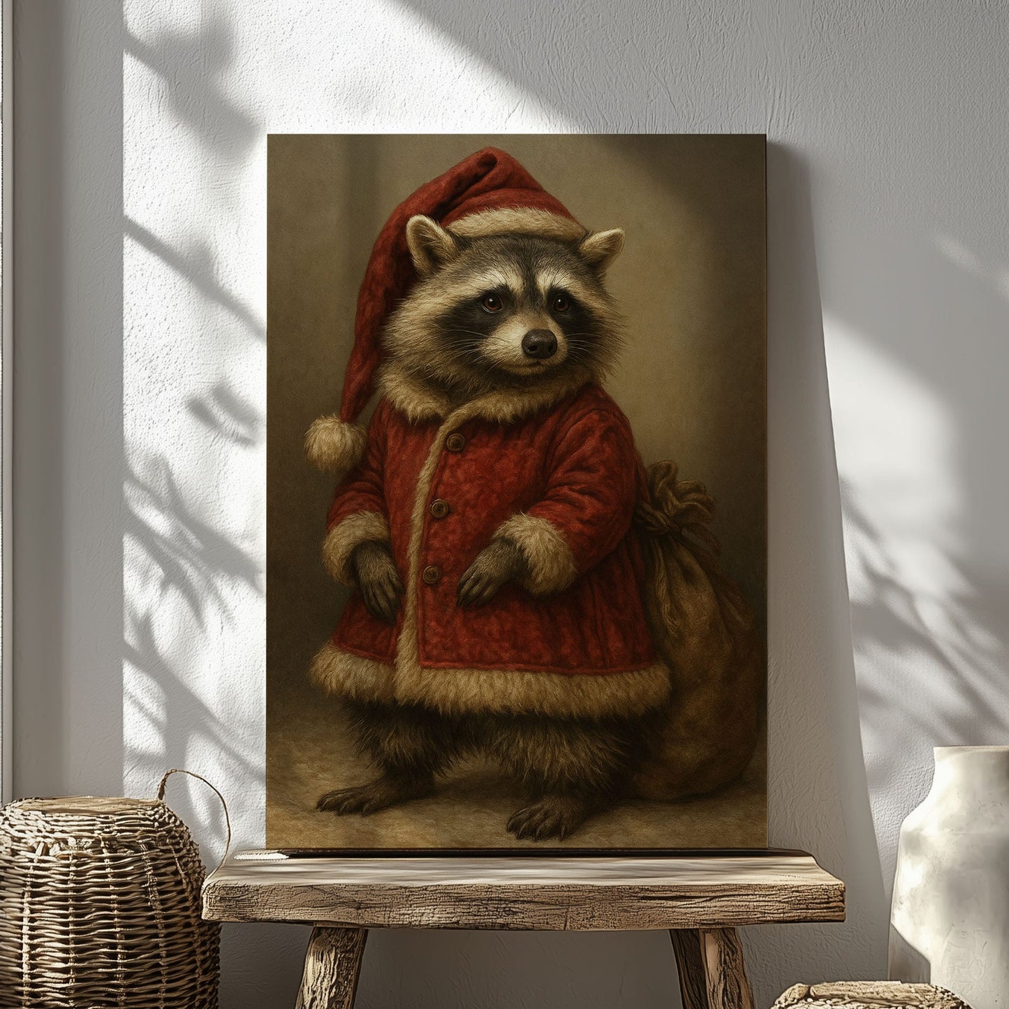 Raccoon Santa Canvas – Rustic Christmas Wall Art for Hunters & Cabin Decor