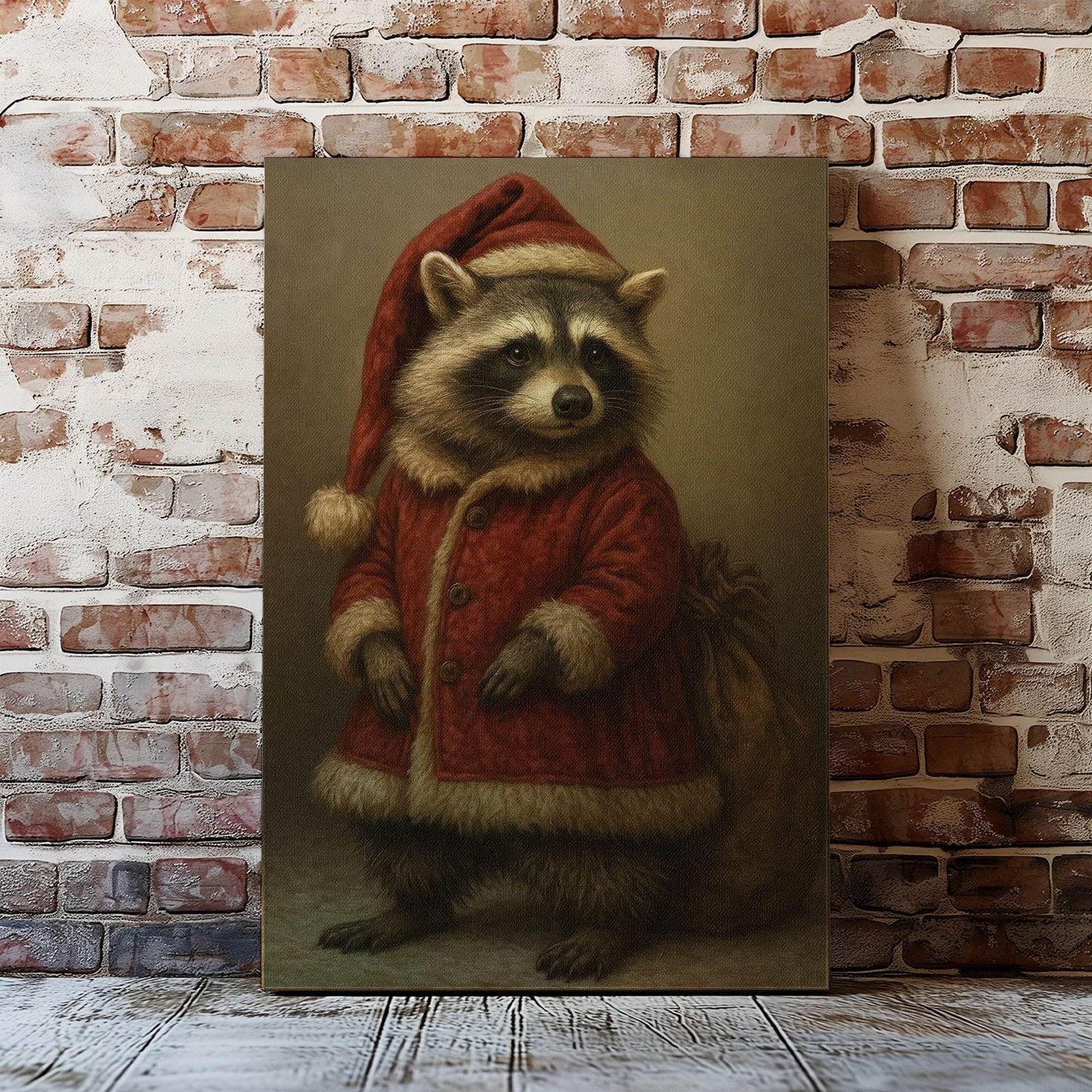 Raccoon Santa Canvas – Rustic Christmas Wall Art for Hunters & Cabin Decor