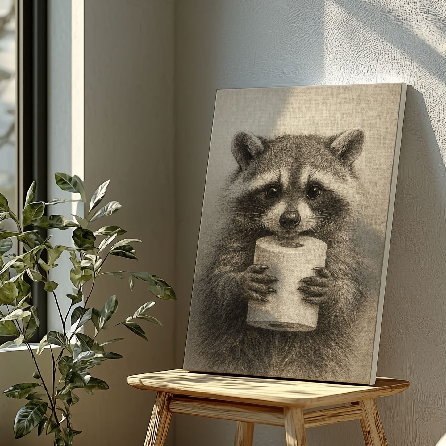 Raccoon Toilet Paper Canvas – Funny Bathroom Wall Art for Hunters
