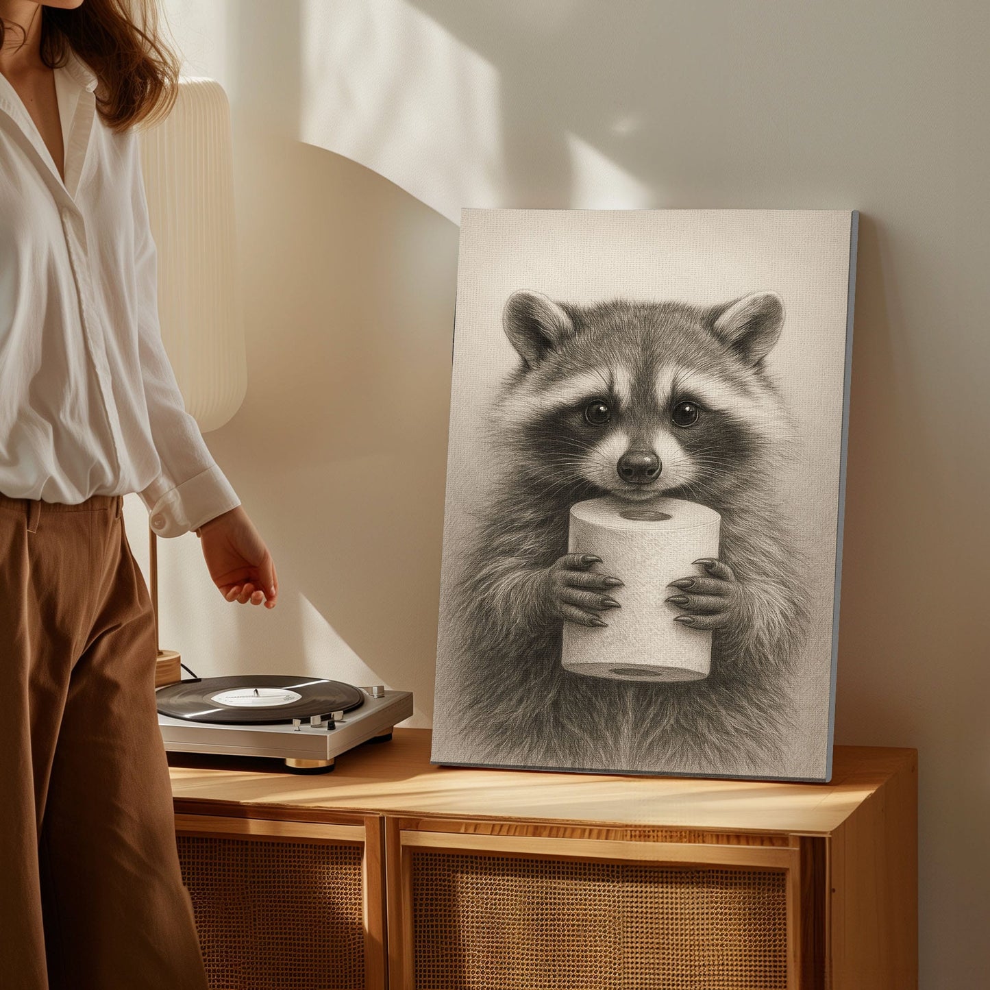 Raccoon Toilet Paper Canvas – Funny Bathroom Wall Art for Hunters