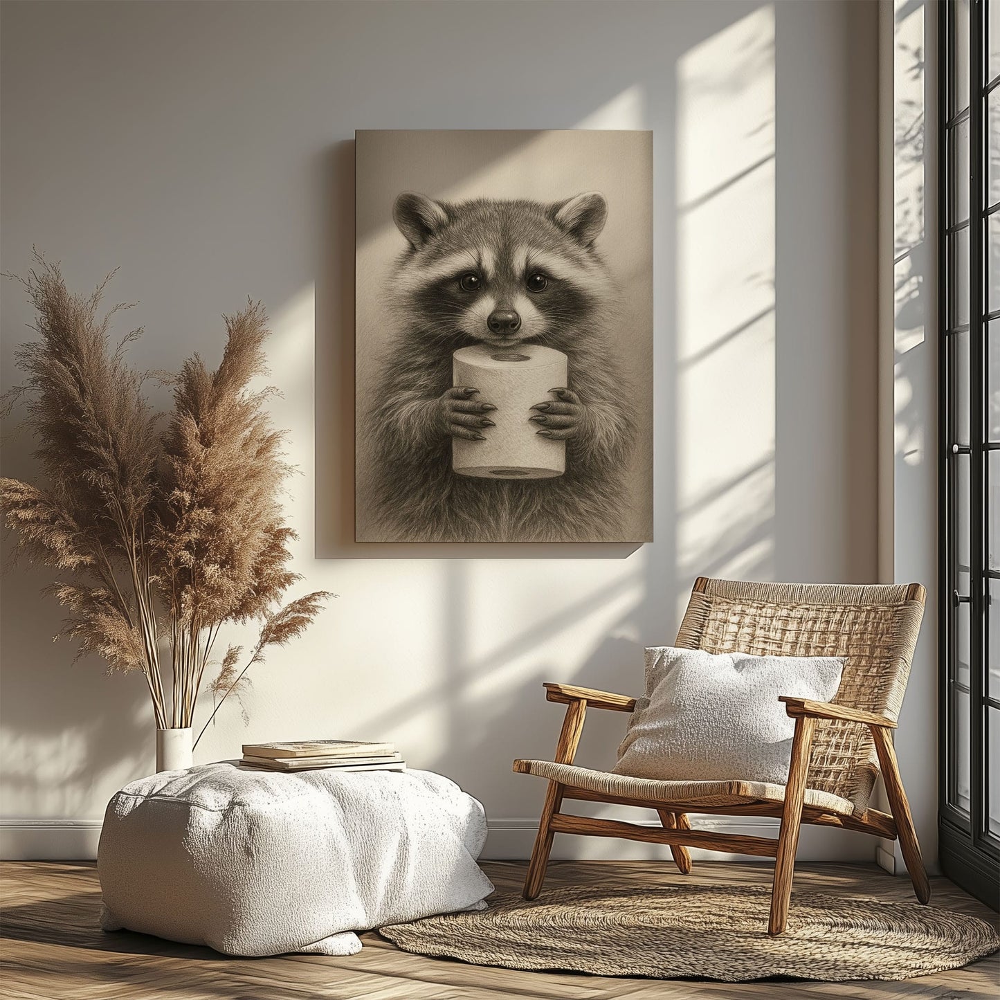Raccoon Toilet Paper Canvas – Funny Bathroom Wall Art for Hunters