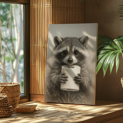 Raccoon Toilet Paper Canvas – Funny Bathroom Wall Art for Hunters