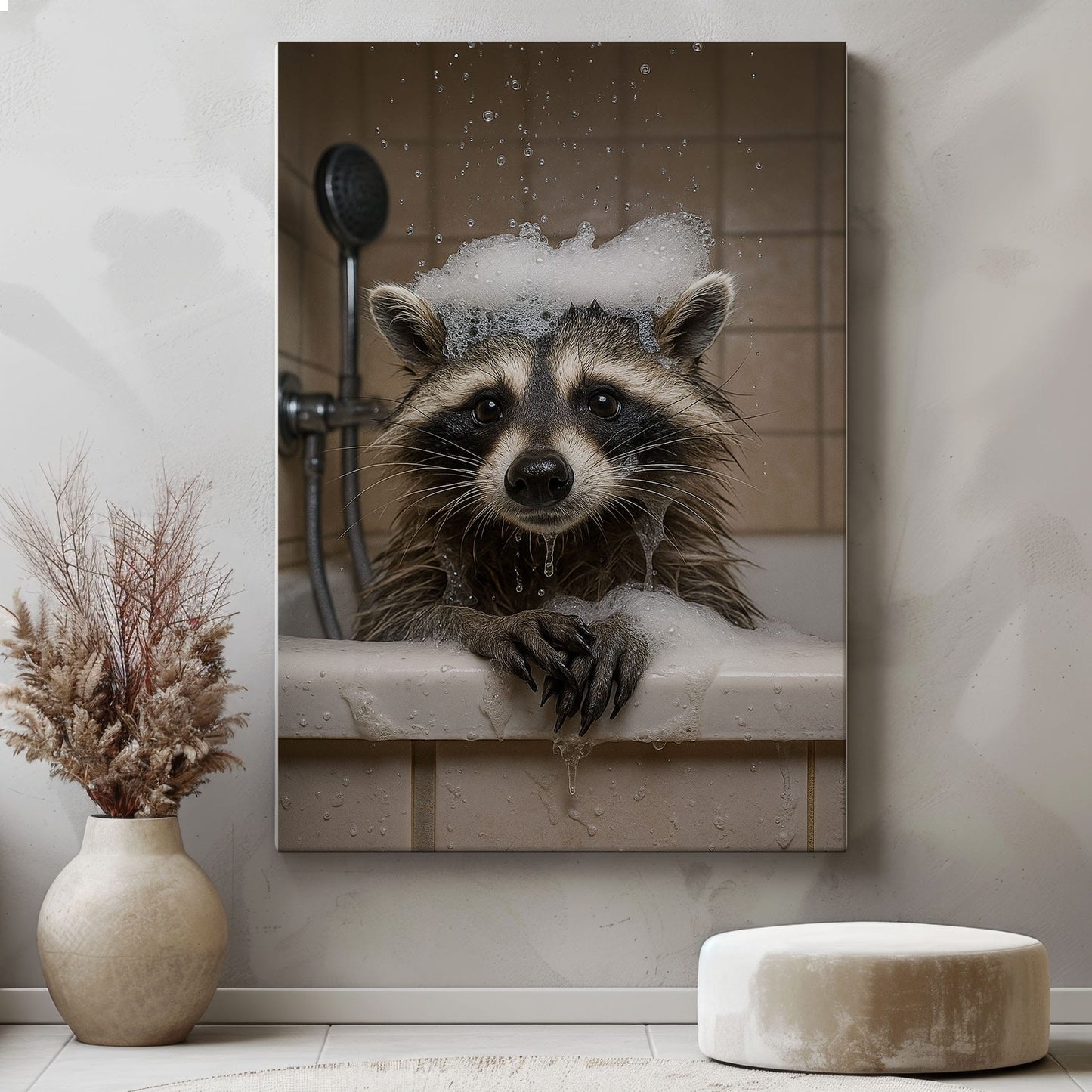 Raccoon Bubble Bath Canvas – Funny Bathroom Wall Art for Hunters