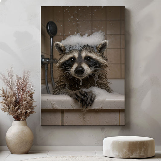 Raccoon Bubble Bath Canvas – Funny Bathroom Wall Art for Hunters
